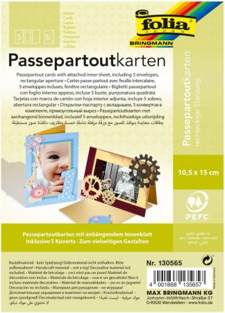 Paszpartu kártya készlet, 220 g/m², 10,5×15 cm, téglalap kivágás, 5 kártya+boríték, arany - Folia Paszpartu kártya készlet, 220 g/m², 10,5×15 cm, téglalap kivágás, 5 kártya+boríték, arany - Folia