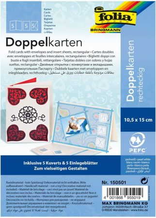 Üdvözlőkártya készítő, 220 g/m², 10,5×15 cm, 5 kártya+boríték+betét, gyöngyház fehér - Folia