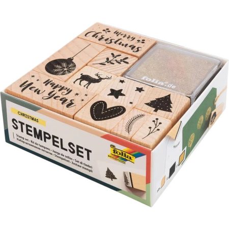 Fa bélyegző készlet CHRISTMAS, 10 db bélyegző + 2 tintapárna - Folia