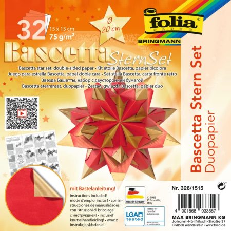 Bascetta csillag készlet, DUO papír, 15x15cm 32 ív/csg, piros/arany Bascetta csillag készlet, DUO papír, 15x15cm 32 ív/csg, piros/arany