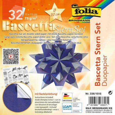 Bascetta csillag készlet, DUO papír, 15x15cm 32 ív/csg, kék/ezüst Bascetta csillag készlet, DUO papír, 15x15cm 32 ív/csg, kék/ezüst
