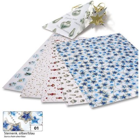 Dekorkarton karácsonyi - csillag mintás, 270g/m², 50x70cm 10 ív/csg, ezüst/kék Dekorkarton karácsonyi - csillag mintás, 270g/m², 50x70cm 10 ív/csg, ezüst/kék