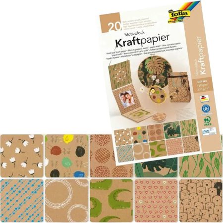 Mintás kraft papír tömb KRAFT PAPER II, A4, 20 lap, kraft karton 230 g/m² és papír 120 g/m² vegyes - Folia