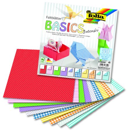 Alap origami papír, intenzív/csg, 80g, 20x20cm, 50 ív/csg, 10 válogatott minta - Folia