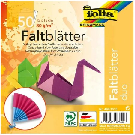 Origami papír DUO, 80g, 15x15cm, 50 ív/csg/csomag, 10 válogatott szín - Folia