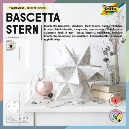 Transzparens Bascetta-csillag, 115g, 20x20cm, 32 ív/csg, fehér/ezüst hópehely - Folia