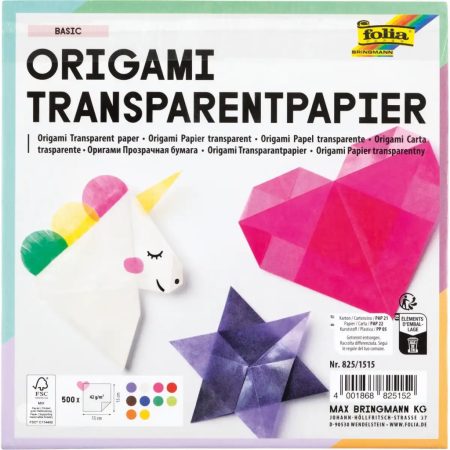 Transzparens origami papír, 42g, 15x15cm, 500 ív/csg, 10 válogatott szín - Folia Transzparens origami papír, 42g, 15x15cm, 500 ív/csg, 10 válogatott szín - Folia